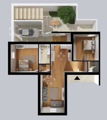 Apartment flat top view, furniture and decors, plan, cross section interior design, architect designer concept idea, white background