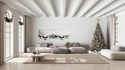 Minimal modern living room in white and beige tones with parquet and vaulted ceiling, Christmas tree and decors, winter, new year scandinavian interior design