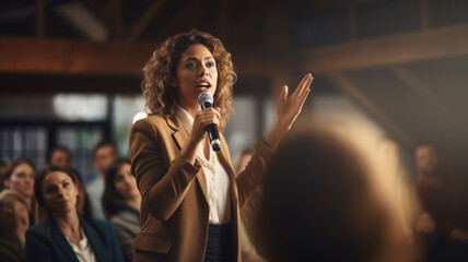 Empowering other colleagues in workplace, engaging and dynamic presentation to audience. The corporate setting highlights her professionalism and leadership. Motivational speaker performing on stage. - obrazy, fototapety, plakaty