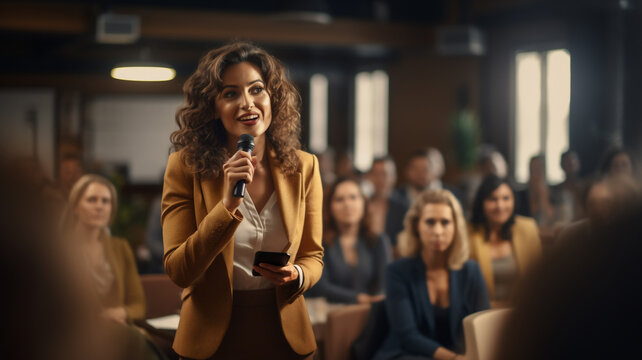 Empowering other colleagues in workplace, engaging and dynamic presentation to audience. The corporate setting highlights her professionalism and leadership. Motivational speaker performing on stage. - Powered by Adobe