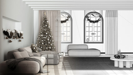 Architect interior designer concept: hand-drawn draft unfinished project that becomes real, minimal modern living room. Christmas tree and decors, winter, new year interior design