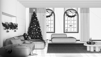 Blueprint unfinished project draft, minimal modern living room with parquet and vaulted ceiling, Velvet sofa and carpet. Christmas tree and decors, winter, new year interior design