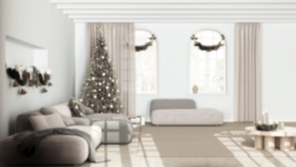 Blurred background, minimal modern living room with parquet and vaulted ceiling, Velvet sofa and carpet. Christmas tree and decors, winter, new year interior design
