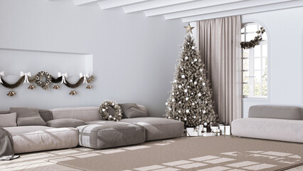 Christmas tree and presents in scandinavian living room with sofa and carpet. Parquet and vaulted ceiling, White and gray modern minimalist interior design