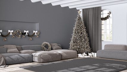 Christmas tree and presents in scandinavian living room with sofa and carpet. Parquet and vaulted ceiling, White and gray modern minimalist interior design