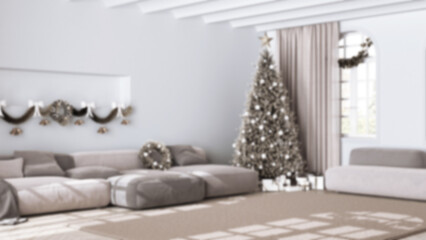 Blurred background, Christmas tree and presents in modern living room with sofa and carpet. Parquet and vaulted ceiling, Modern minimalist interior design
