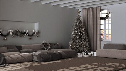 Dark late evening scene, Christmas tree and presents in modern living room with sofa and carpet. Parquet and vaulted ceiling, Modern minimalist interior design