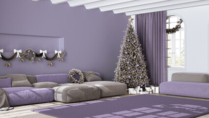 Christmas tree and presents in scandinavian living room with sofa and carpet. Parquet and vaulted ceiling, White and purple modern minimalist interior design
