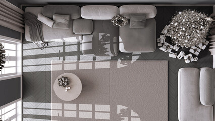 Fototapeta na wymiar Modern living room with sofa and carpet, parquet floor. Christmas tree and presents, white and dark scandinavian minimalist interior design. Top view, plan, above