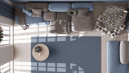 Modern living room with sofa and carpet, parquet floor. Christmas tree and presents, white and blue scandinavian minimalist interior design. Top view, plan, above © ArchiVIZ