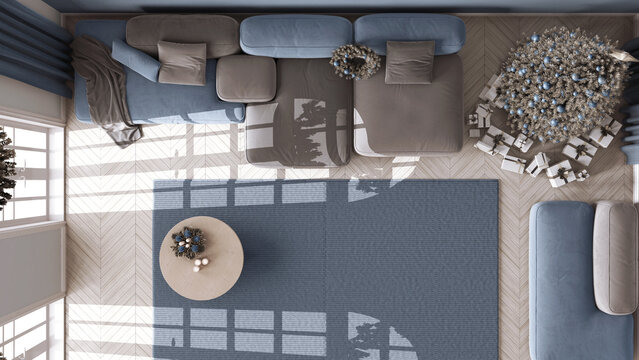 Fototapeta Modern living room with sofa and carpet, parquet floor. Christmas tree and presents, white and blue scandinavian minimalist interior design. Top view, plan, above