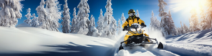Man in yellow tracksuit driving snowmobile in the snowy forest in Lapland, Finland - obrazy, fototapety, plakaty
