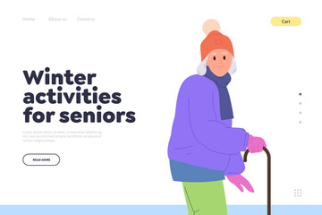 Landing page template offering winter activities for seniors, website with happy old woman design