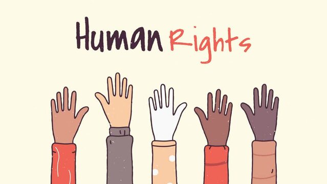 Human rights cartoon with five hands reaching out in the air, hand-drawn animation
