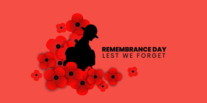 Remembrance day poster, Lest We forget 11 November greeting banner or card of poppy flowers, Vector illustration. 