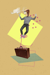 Vertical collage picture of black white colors mini guy bird head flying leg tied valise isolated...