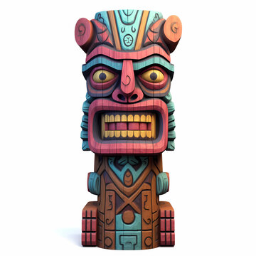 Tiki statue. Tiki totem. Colorful wooden tiki statue.