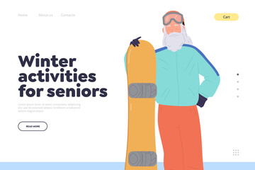 Winter activities for seniors promoting landing page template with old sportsman snowboarder design
