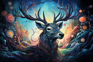 Psychedelic Reindeer with Kaleidoscopic Antlers Amidst Vibrant, Swirling Skies in a Surreal Christmas Landscape