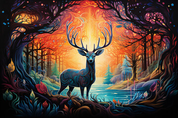 Psychedelic Reindeer with Kaleidoscopic Antlers Amidst Vibrant, Swirling Skies in a Surreal Christmas Landscape