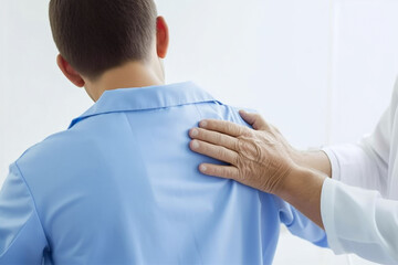The doctor corrects the patient's shoulder and back. Osteopath, chiropractor, тmassage therapist