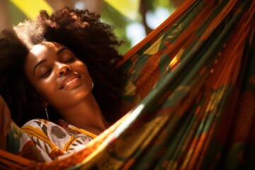 African American woman lying in a hammock in the sun, relaxing at a resort, vacation lifestyle summer.