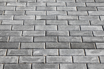Gray brick pavement perspective. Even blocks pattern. Brick flooring. Outdoor sunny texture. Walkway background. Brick pattern. Closeup construction. Empty copy space blocks.