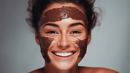 beautiful smiling young woman with chocolate mask on face isolated on grey - obrazy, fototapety, plakaty