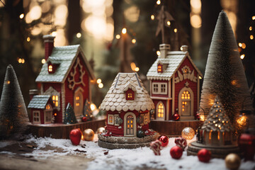 DIY Christmas Display Featuring Handmade Village Houses, Ornaments, and Christmas Trees - obrazy, fototapety, plakaty
