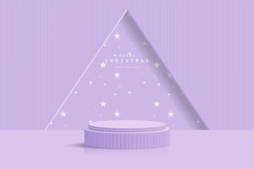 Abstract purple 3D cylinder podium pedestal realistic with glowing star pattern or neon star light bulb in triangle window background. Christmas scene for product mockup. 3D stage for showcase.