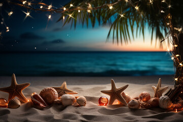 Tropical Christmas Celebration on Beach with Starlit Sky - obrazy, fototapety, plakaty