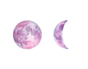 Watercolor pink moon, crescent isolated on white background.