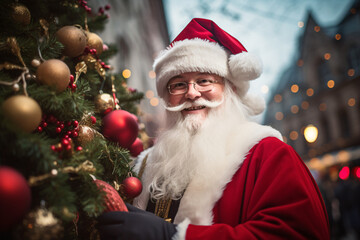Santa Claus Standing Beside a Beautifully Decorated Christmas Tree, Capturing the Essence of Christmas
