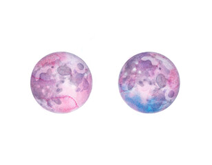 Watercolor pink and blue full moons isolated on white background.