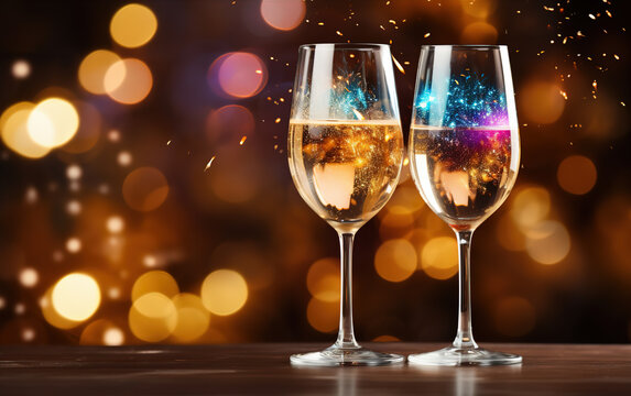 Wine glasses at New Year's holiday party,created with Generative AI tecnology.