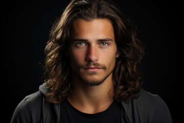 Young male model standing in front of dark grey background.