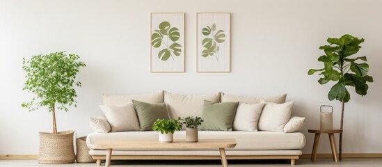 Decorative elements in a neutral living space featuring plant wooden table green pillows beige sofa and wall art With copyspace for text