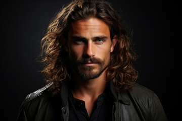 Obraz premium Young male model standing in front of dark grey background.