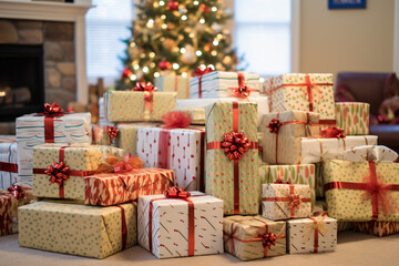 Wrapped Gifts Unveiled on Christmas Morning, Capturing the Anticipation and Joy of Holiday Surprises