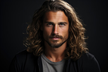 Young male model standing in front of dark grey background.