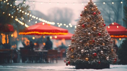 Vintage Military Car at Blurred Christmas Tree Market with Antique Train Engine