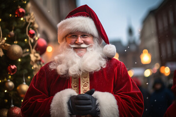 Santa Claus Standing Beside a Beautifully Decorated Christmas Tree, Capturing the Essence of Christmas