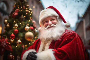 Santa Claus Standing Beside a Beautifully Decorated Christmas Tree, Capturing the Essence of Christmas