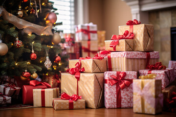 Wrapped Gifts Unveiled on Christmas Morning, Capturing the Anticipation and Joy of Holiday Surprises