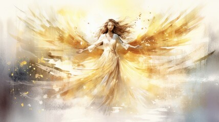 Festive Watercolor Art: Celebrate the Holidays with an Angelic Christmas Fantasy featuring Golden Wings, Stars and Decoration