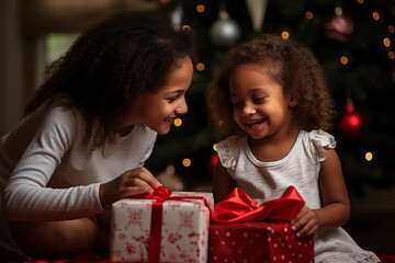 Fototapeta na wymiar A Heartwarming Christmas Morning Scene of Children Unwrapping Gifts, Filled with Laughter and Love, Bold Colors