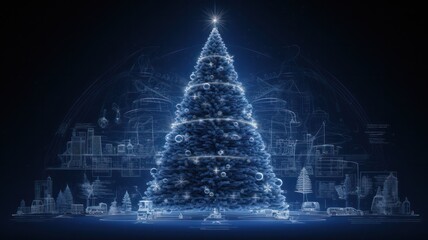 Digitally Rendered Blueprint Design of a Festive Christmas Tree