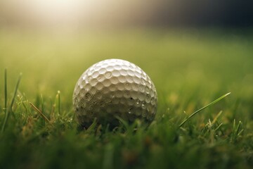 Close-up of a golf ball on the grassy golf course. Generative AI