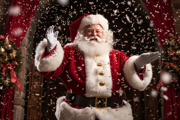 Santa Claus's Majestic Arrival, Stepping Out from a Door Entrance in His Vibrant Iconic Red Suit, Eyes Twinkling with Festive Joy