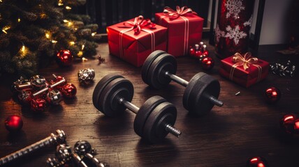 Christmas Fitness: Top view of Shining Metal Weights with Red Decorations on Wooden Background